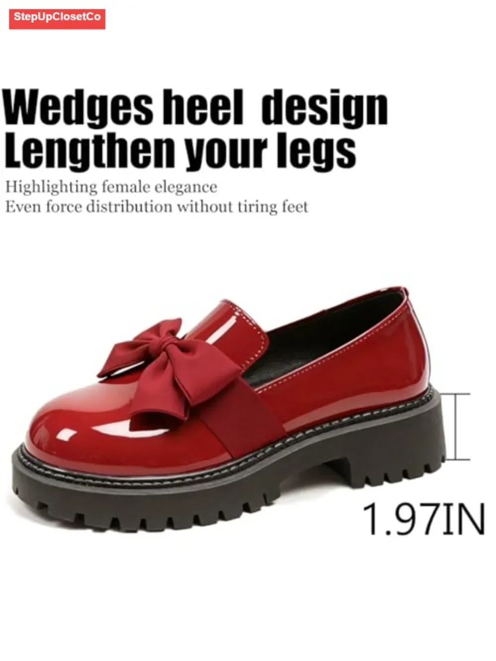 Patent Leather Chunky Heel Bow Loafers, Non-Slip Lug Sole, Round Toe, Business